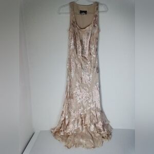 Alex Evenings Burnout Beaded Silk Beige Floral Maxi Dress Fairy Whimsy
